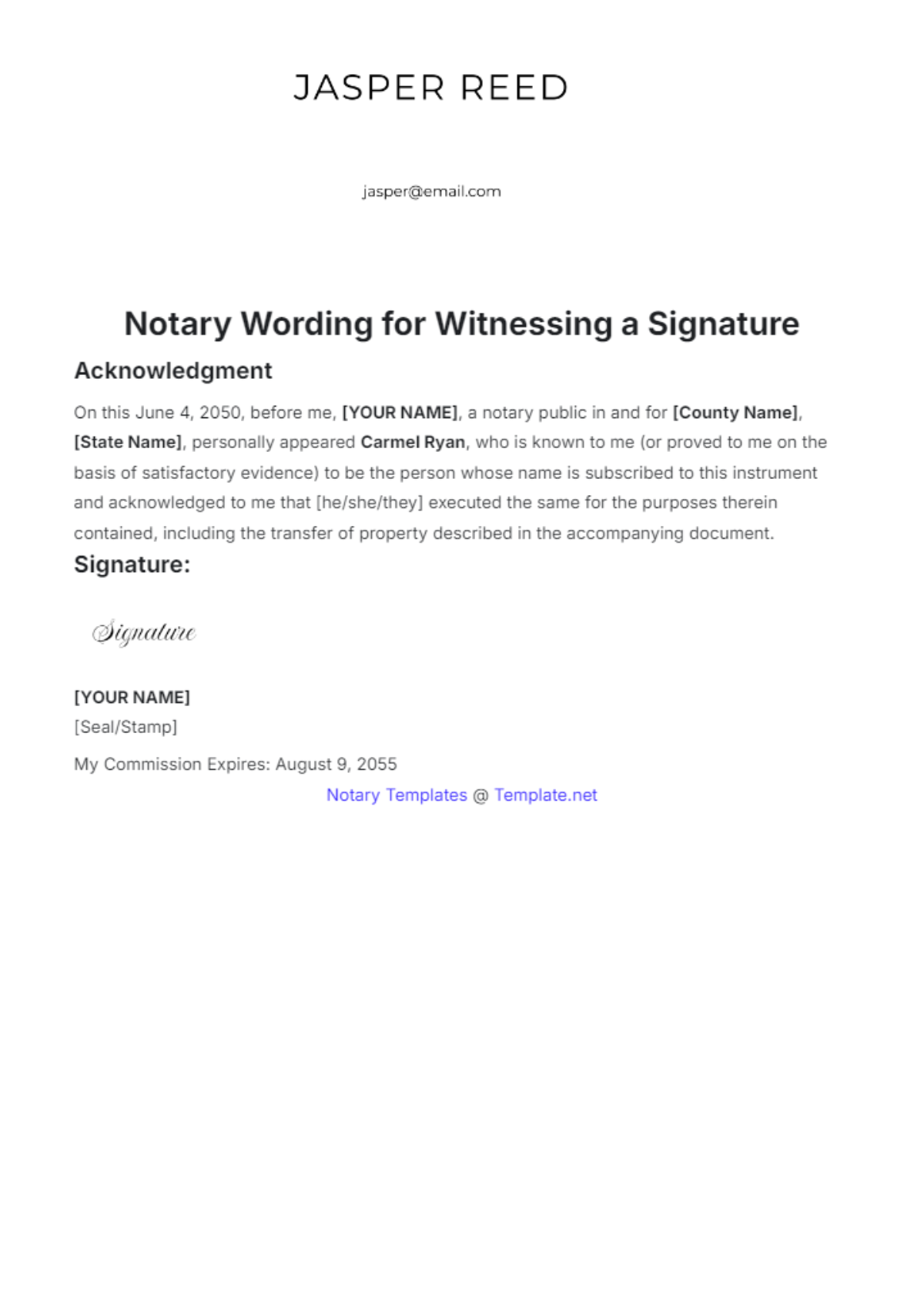 Notary Wording for Witnessing a Signature Template