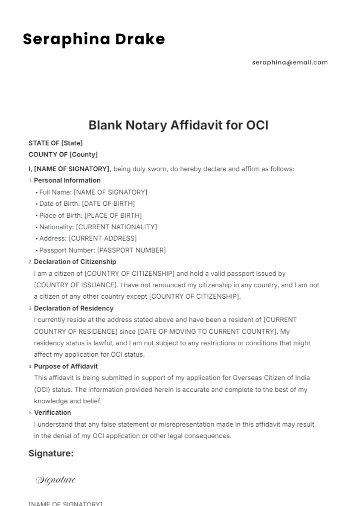 Free Blank Notary Affidavit for OCI Template