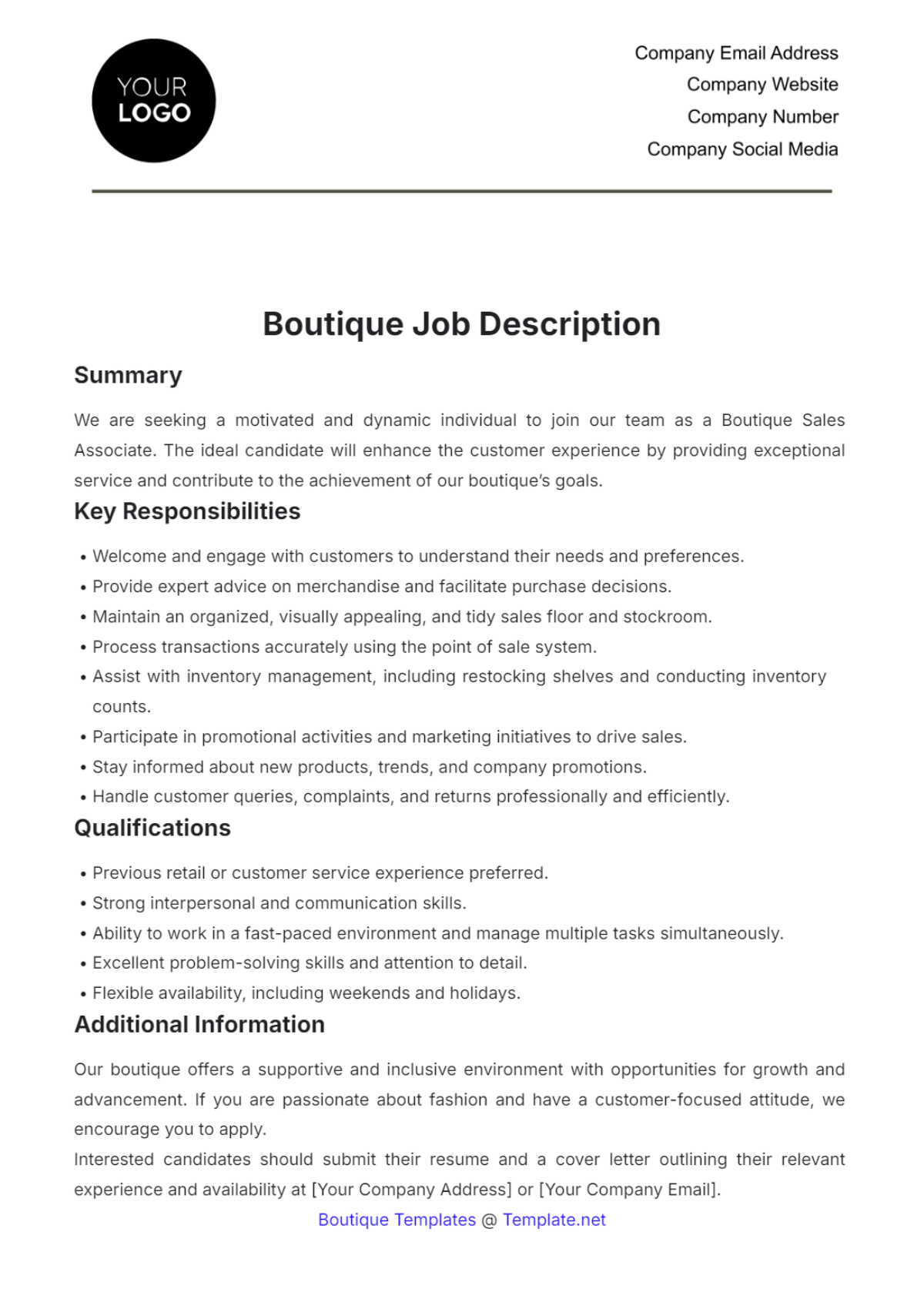 Boutique Job Description Template - Edit Online & Download