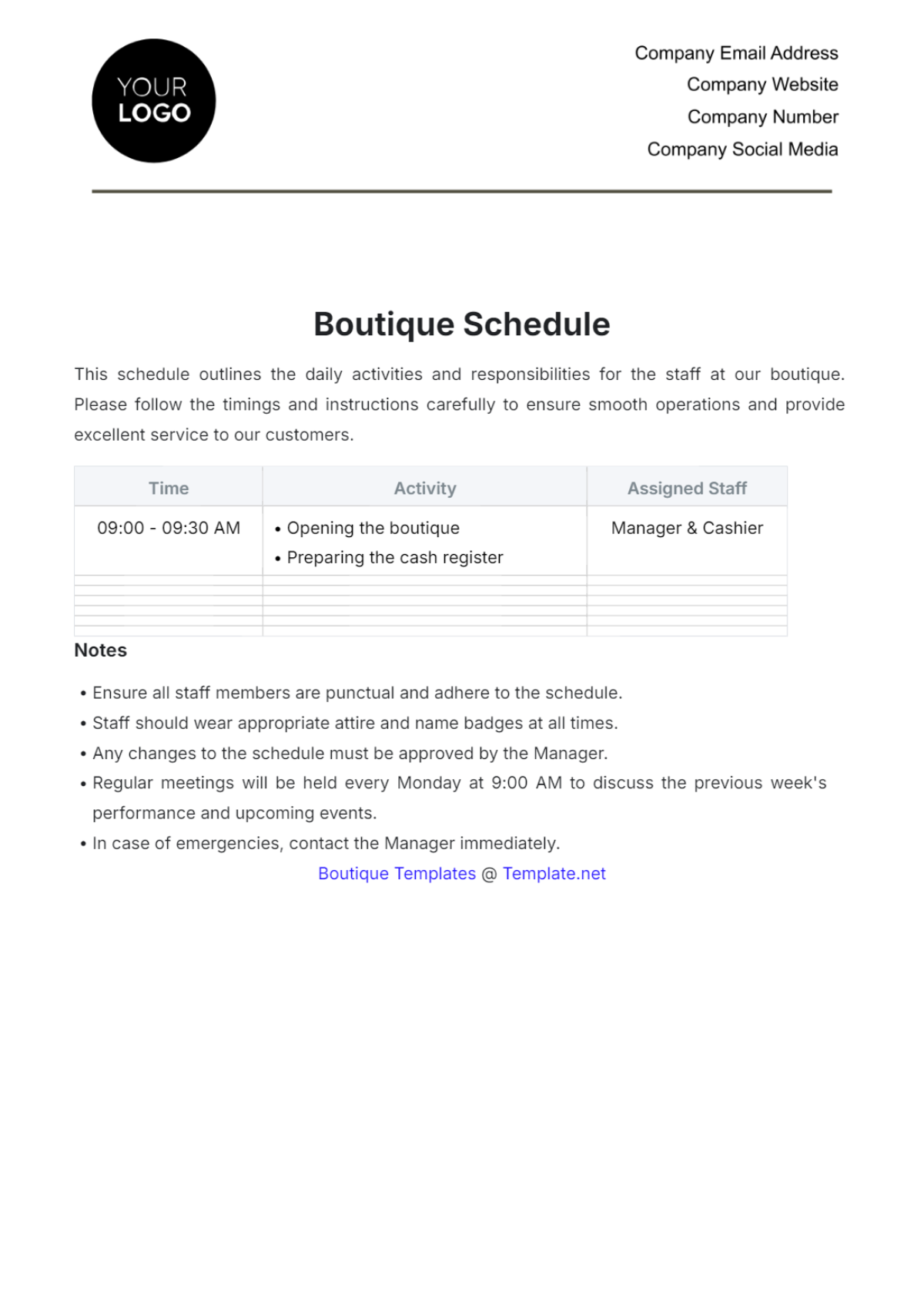 Boutique Schedule Template - Edit Online & Download