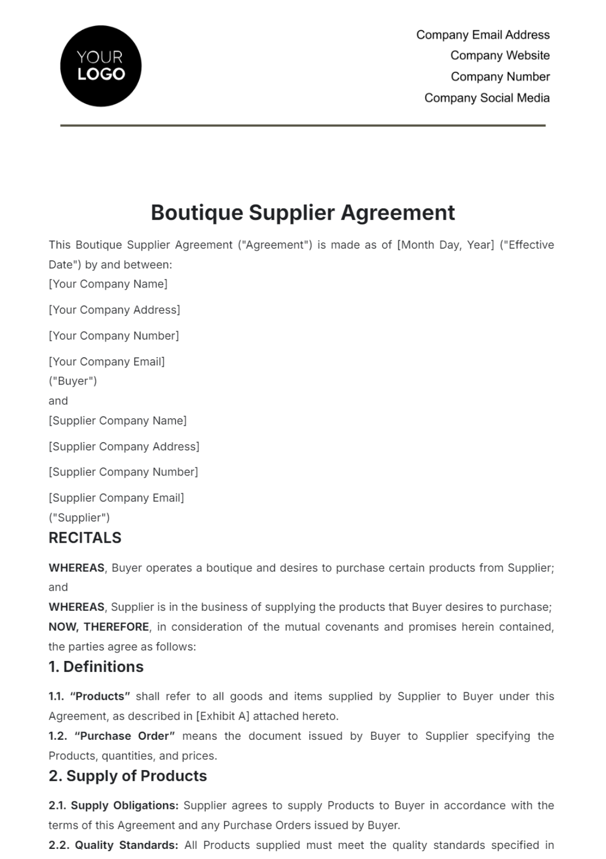 Boutique Supplier Agreement Template - Edit Online & Download