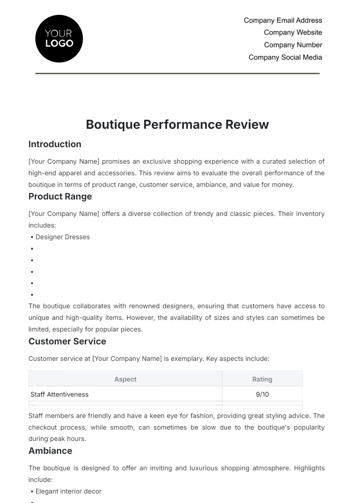 Boutique Performance Review Template - Edit Online & Download