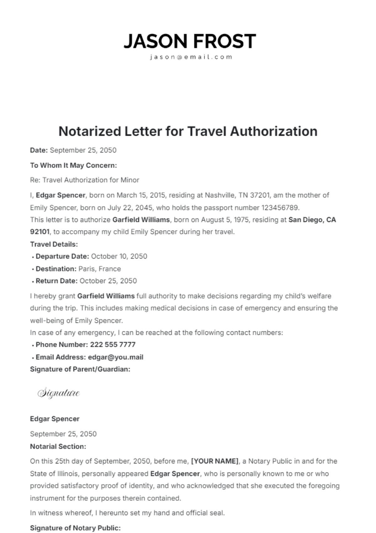 Notarized Letter Template for Travel Authorization