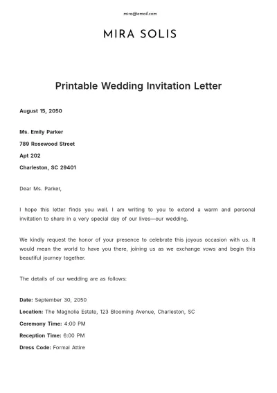 Free Printable Wedding Invitation Letter Template to Edit Online