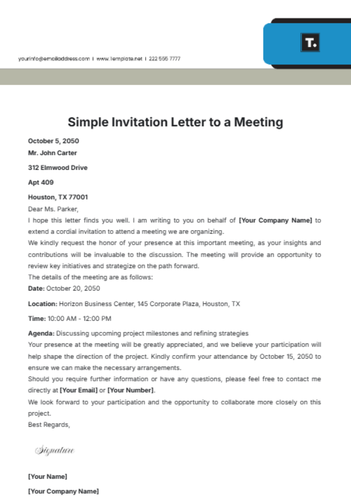 Simple Invitation Letter to a Meeting Template - Edit Online & Download