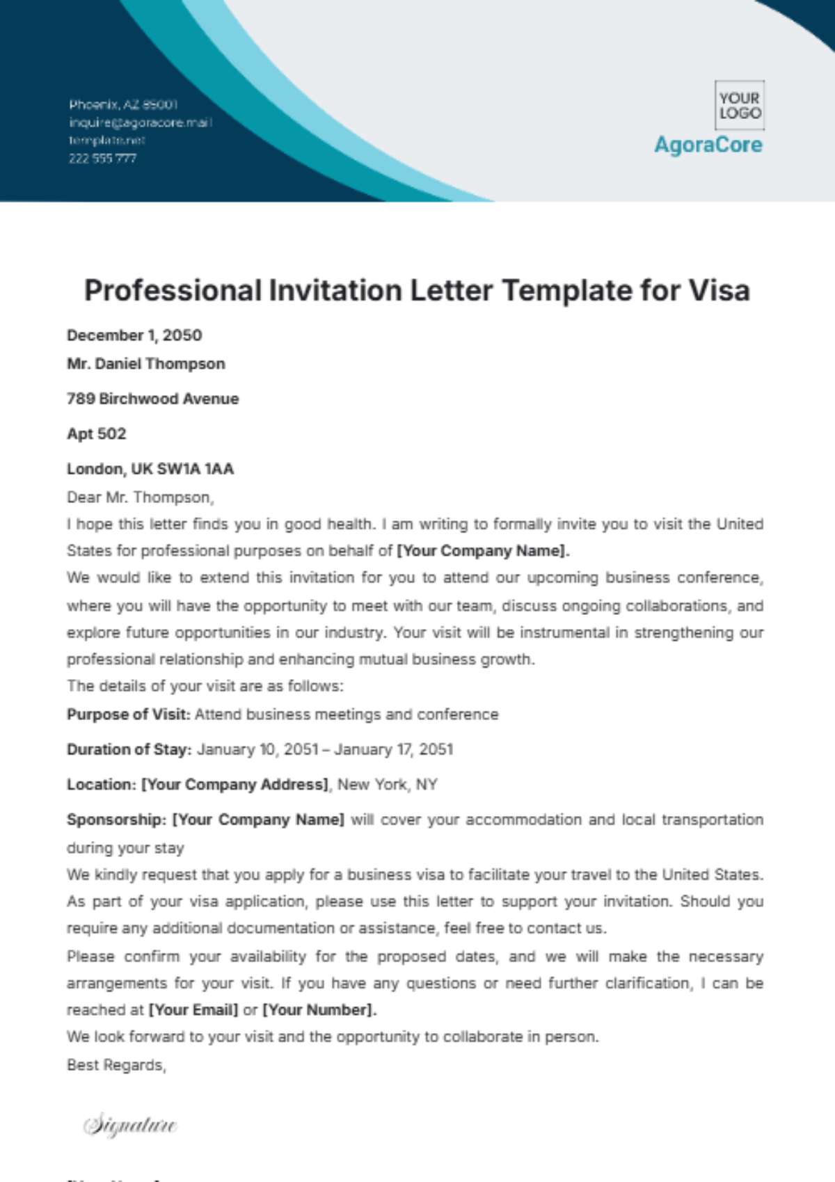 Professional Invitation Letter Template for Visa - Edit Online & Download