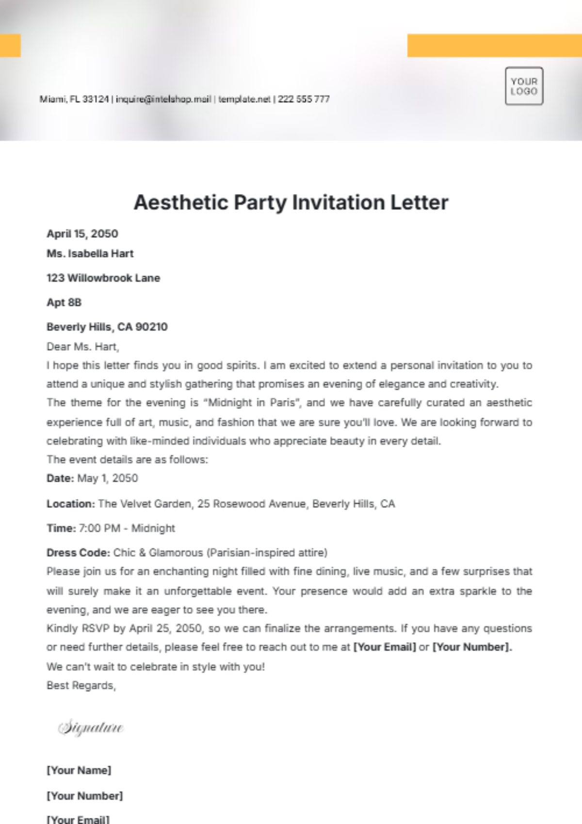 Aesthetic Party Invitation Letter Template - Edit Online & Download