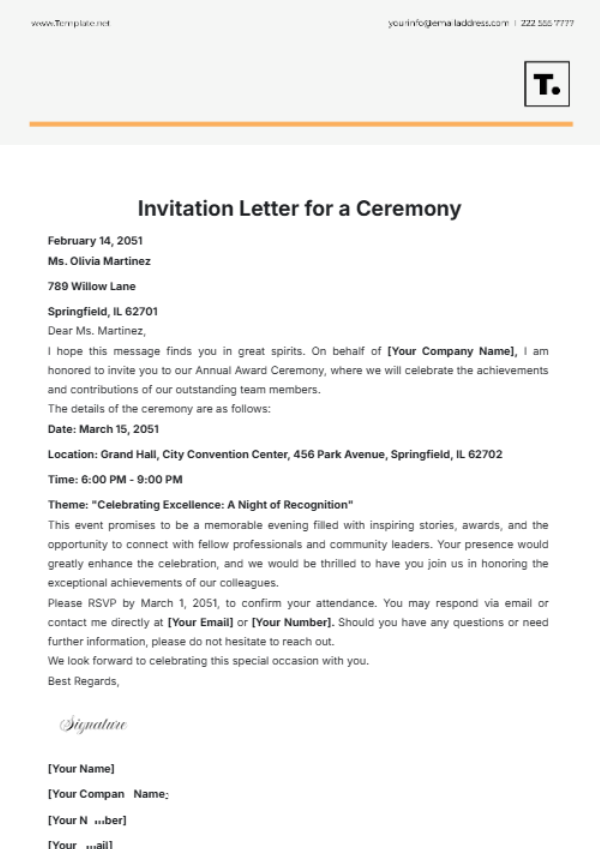 Invitation Letter for a Ceremony Template - Edit Online & Download