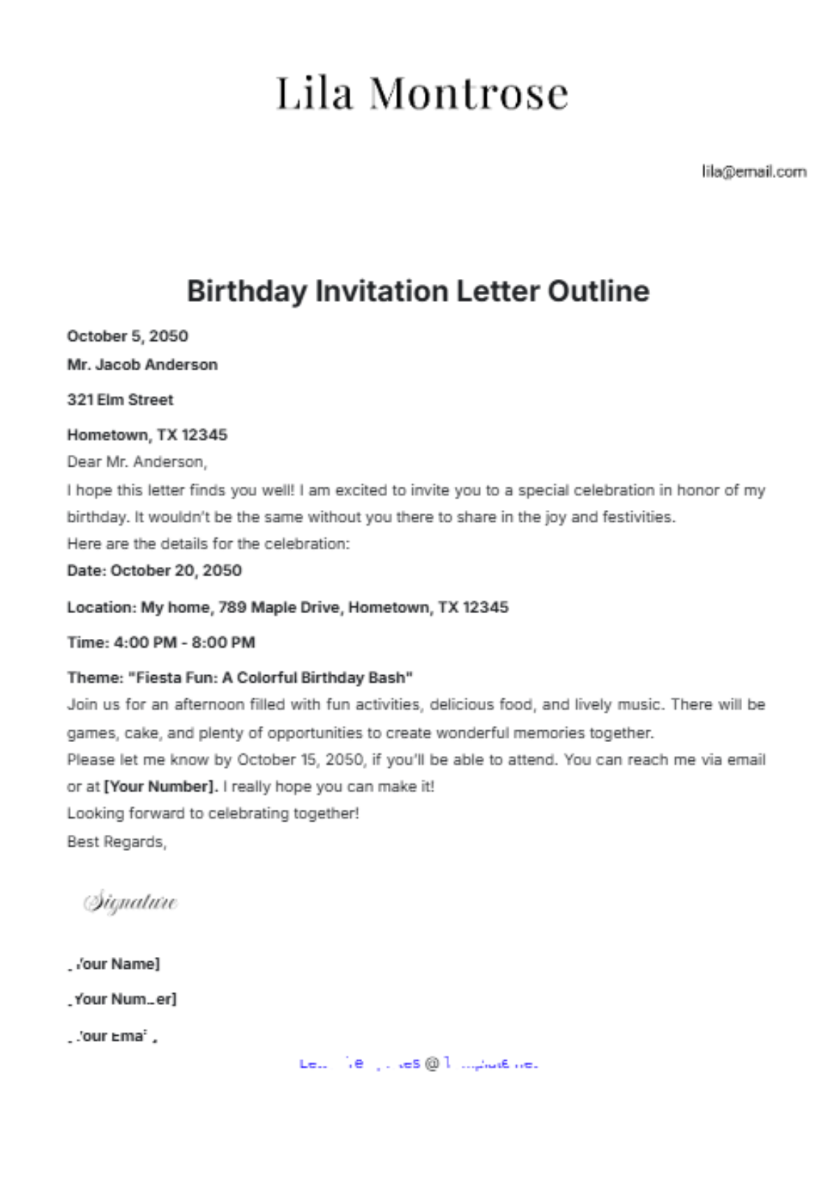 Birthday Invitation Letter Outline Template - Edit Online & Download