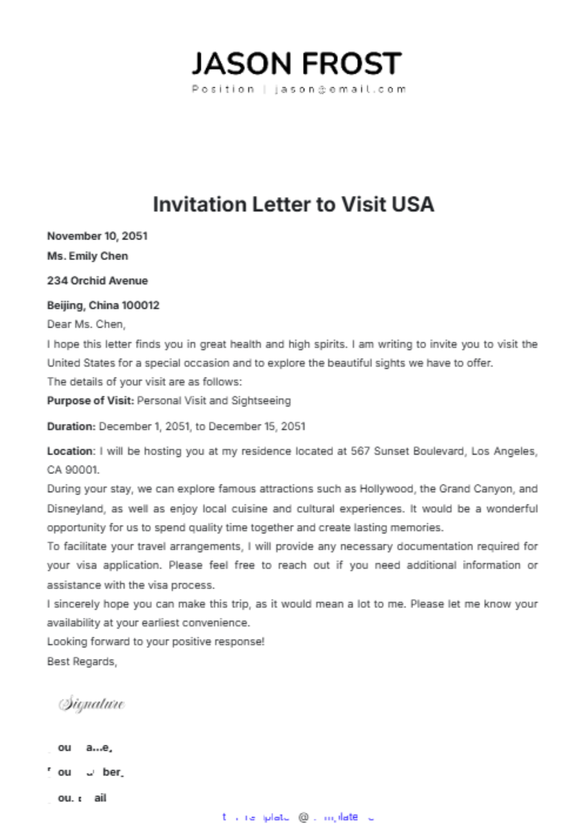 Invitation Letter to Visit USA Template