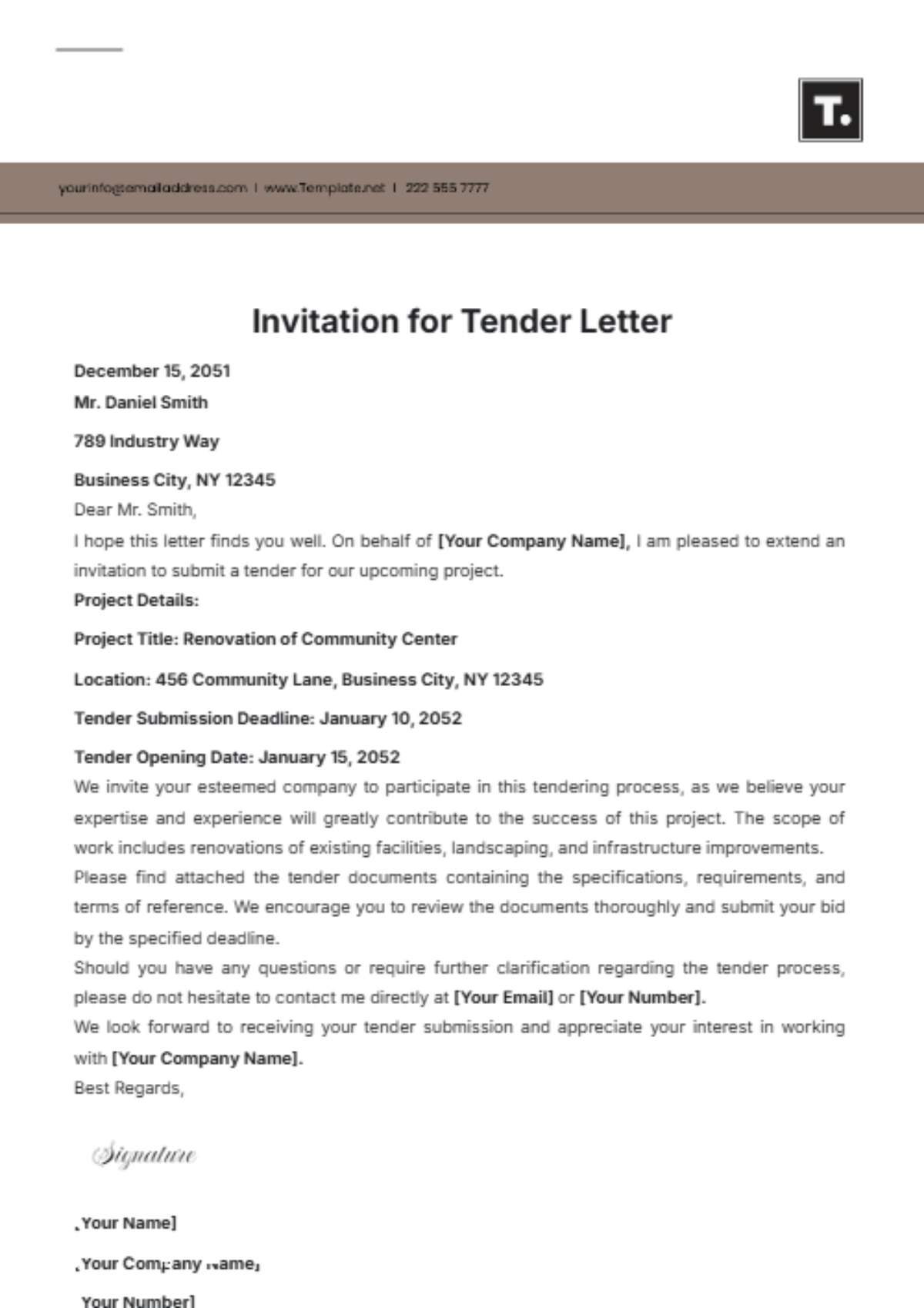 Invitation for Tender Letter Template