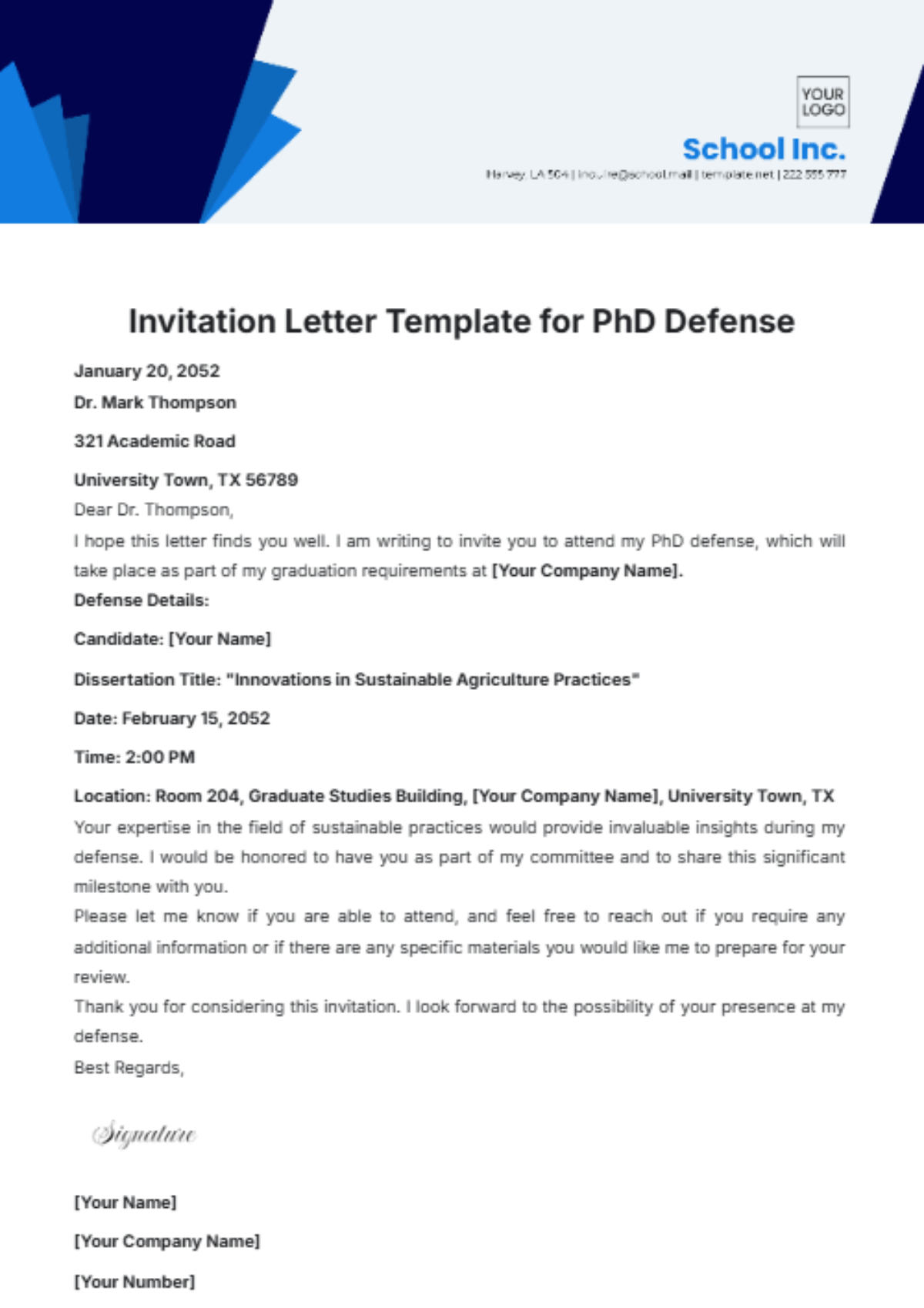 Invitation Letter Template for PhD Defense