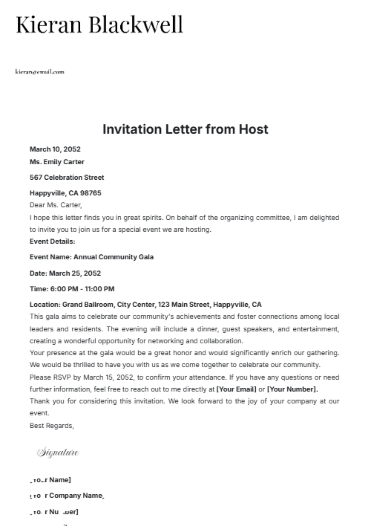 Invitation Letter from Host Template