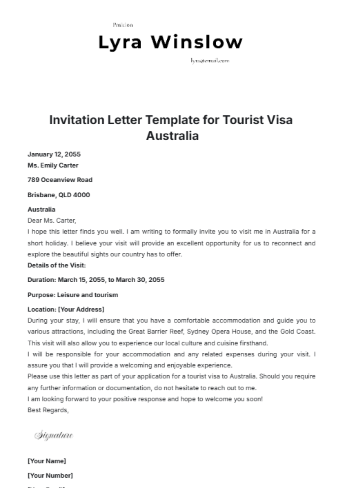 Invitation Letter Template for Tourist Visa Australia