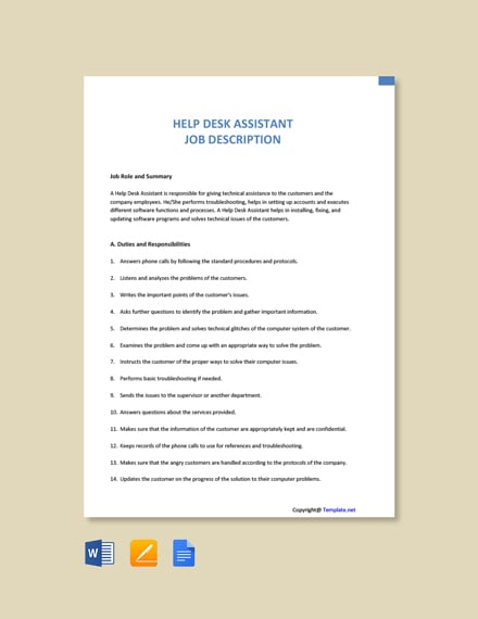 Free Help Desk Assistant Job Description Word Google Doc