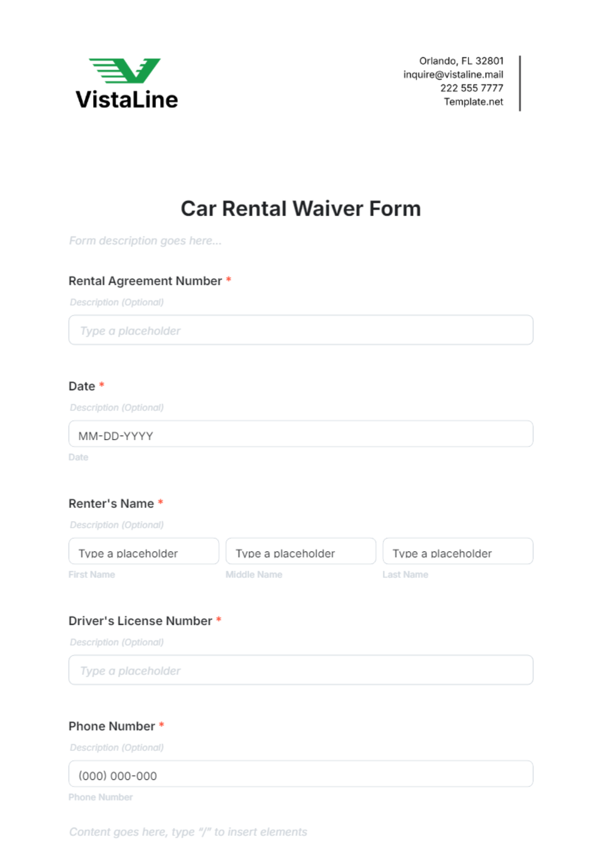 Car Rental Waiver Form Template - Edit Online & Download