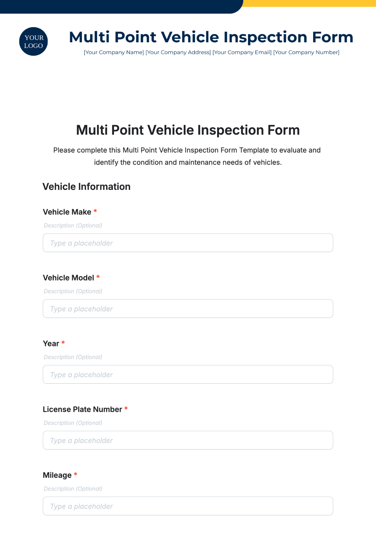 Multi Point Vehicle Inspection Form Template