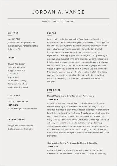 Free Printable Entry-Level ATS Resume Template, AI Resume Builder