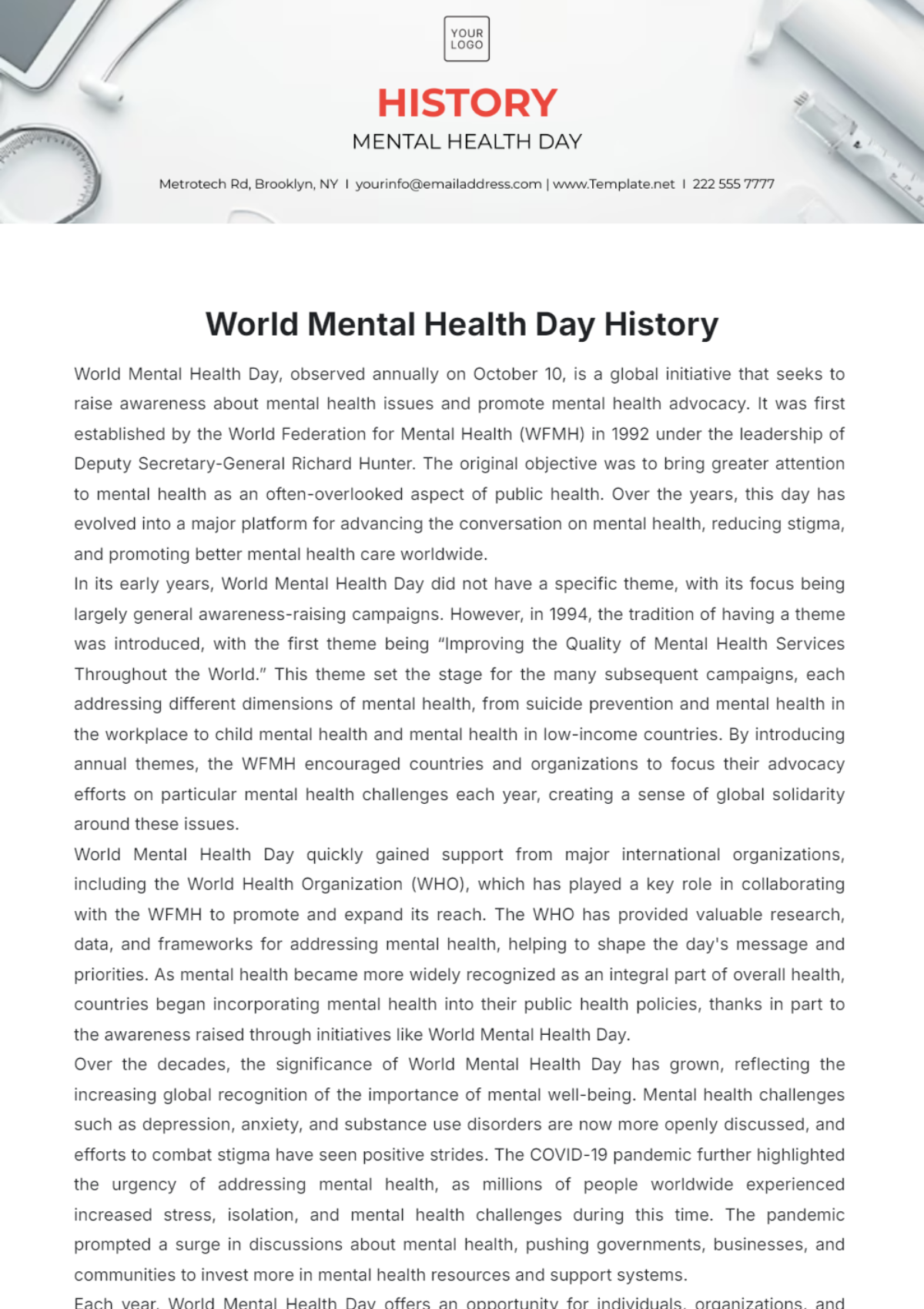 World Mental Health Day History Template - Edit Online & Download