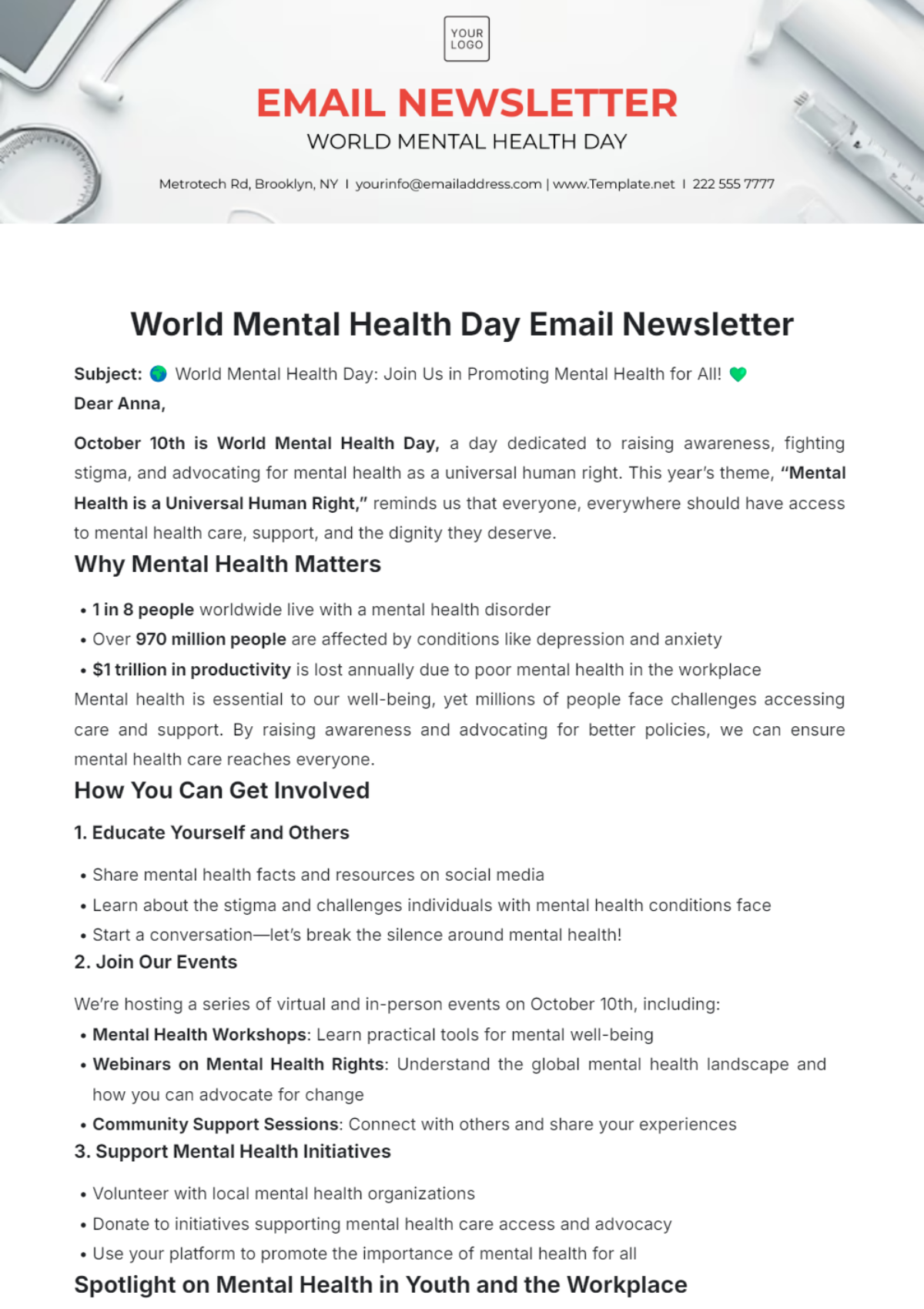 World Mental Health Day Email Newsletter Template - Edit Online & Download