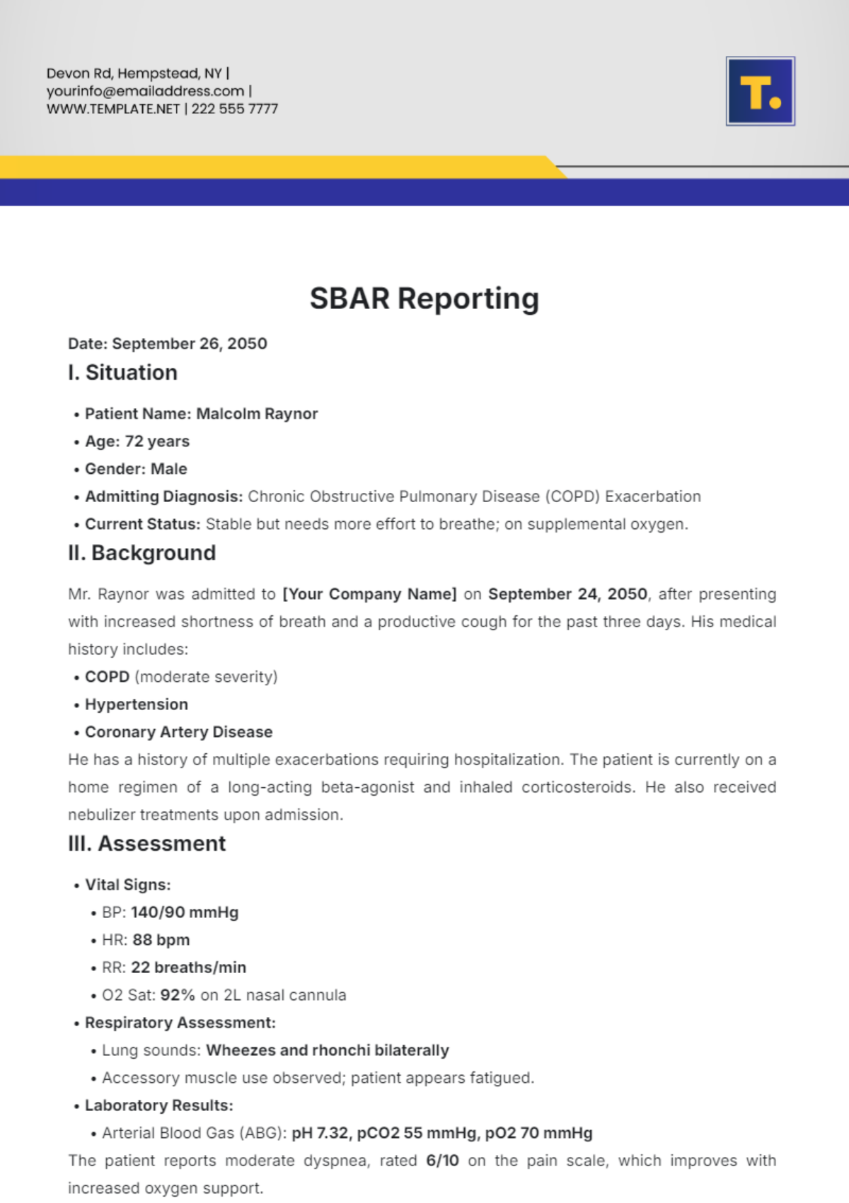 SBAR Reporting Template