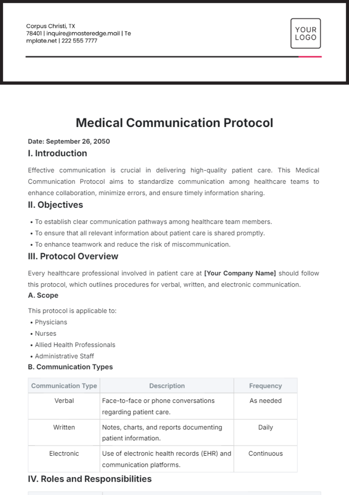 Medical Communication Protocol Template