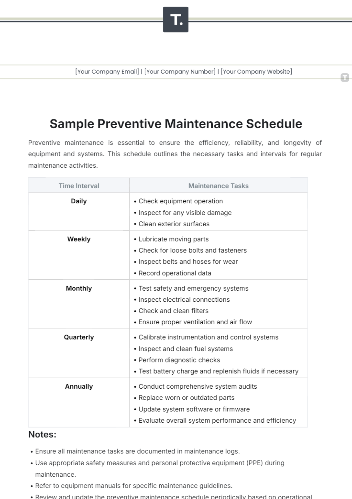 Sample Preventive Maintenance Schedule Template - Edit Online & Download