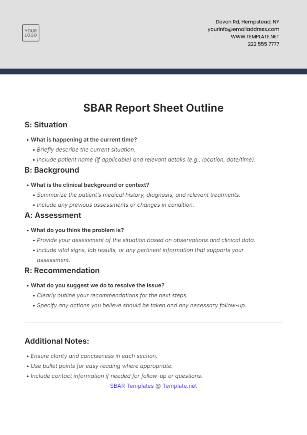 SBAR Report Sheet Outline Template