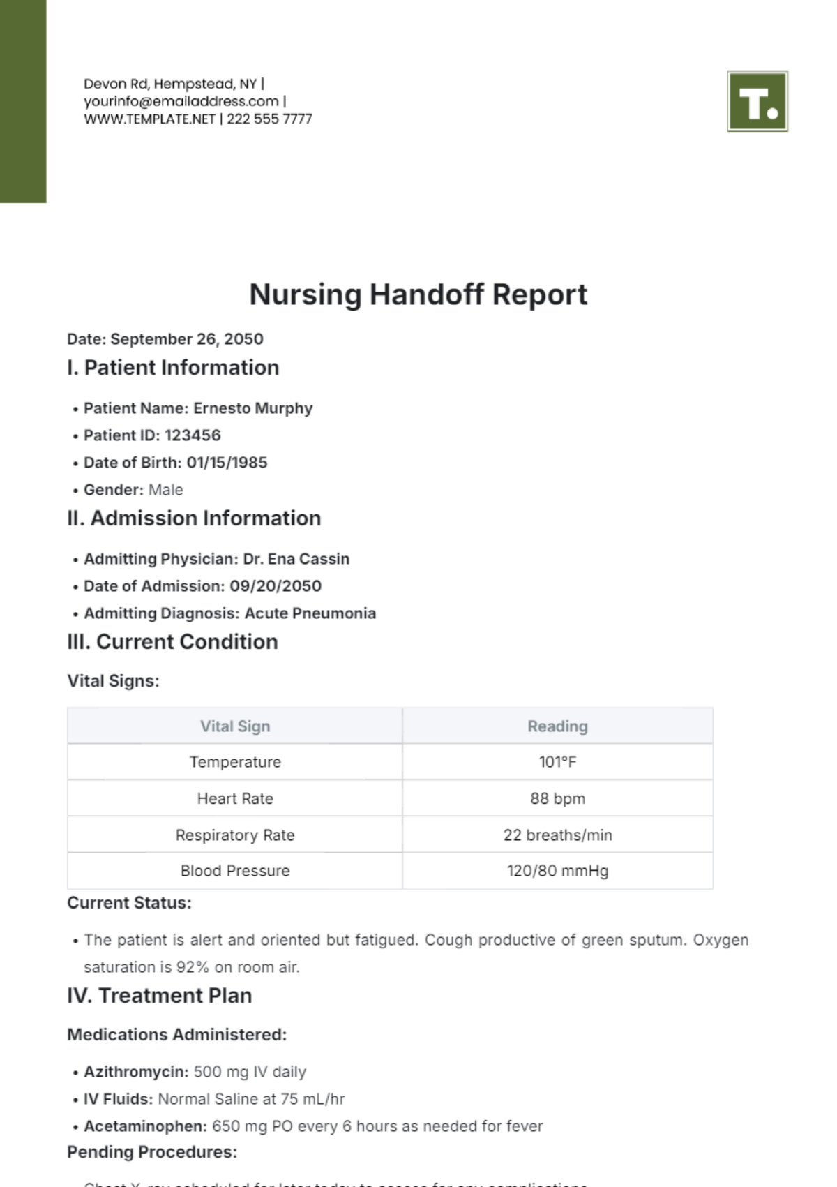 Nursing Handoff Report Template