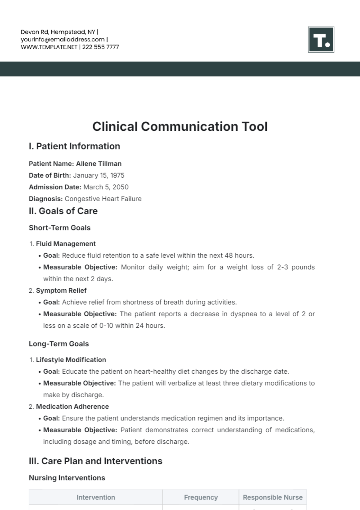 Clinical Communication Tool Template