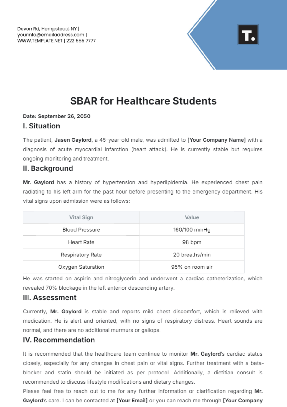 SBAR Template for Healthcare Students