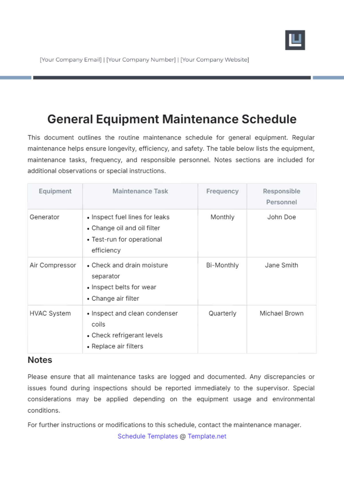 General Equipment Maintenance Schedule Template - Edit Online & Download