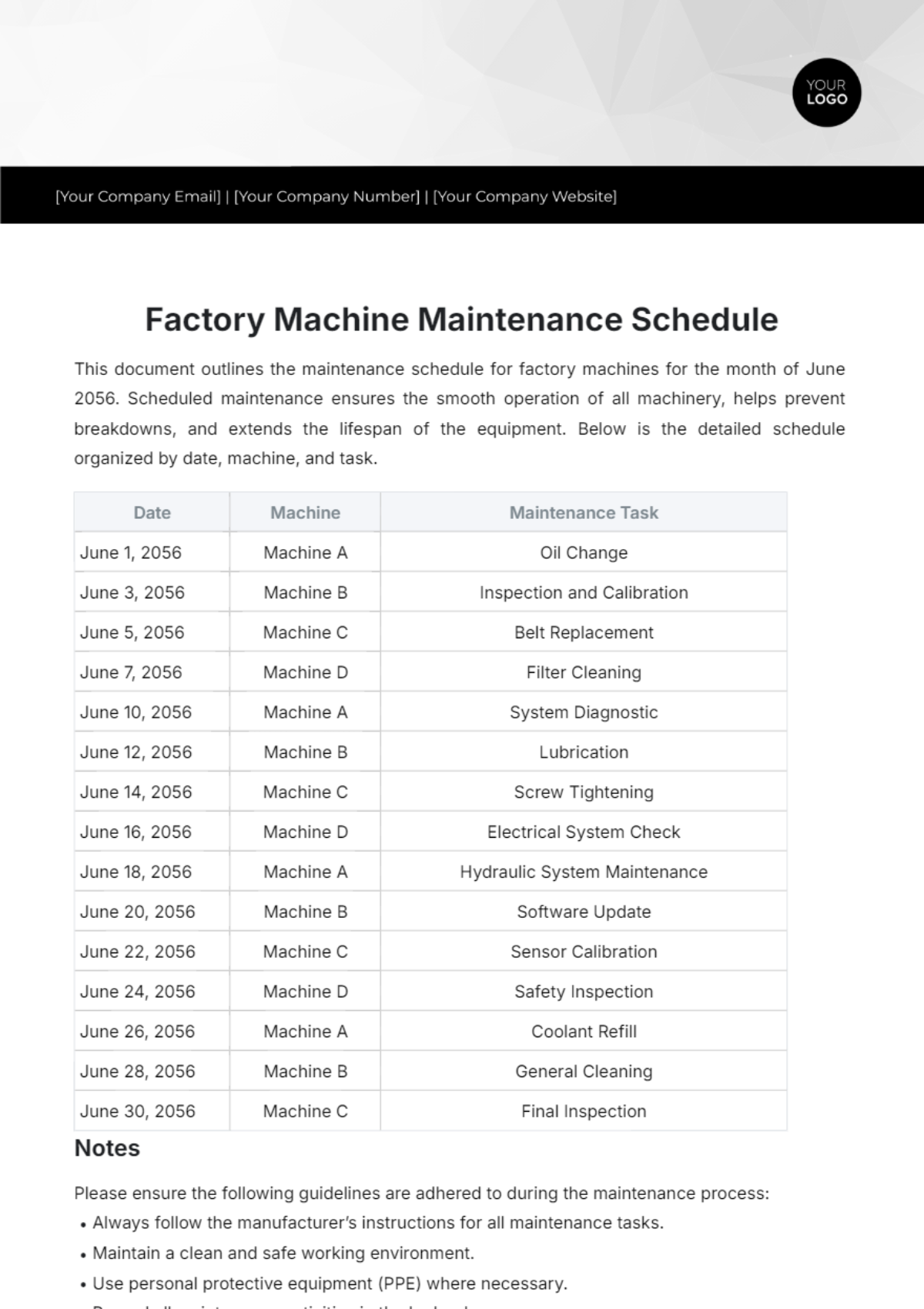 Factory Machine Maintenance Schedule Template - Edit Online & Download