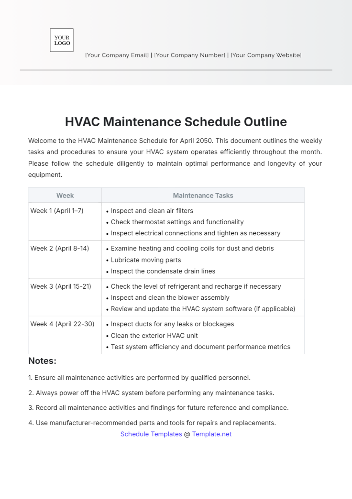 Free HVAC Maintenance Schedule Outline Template to Edit Online