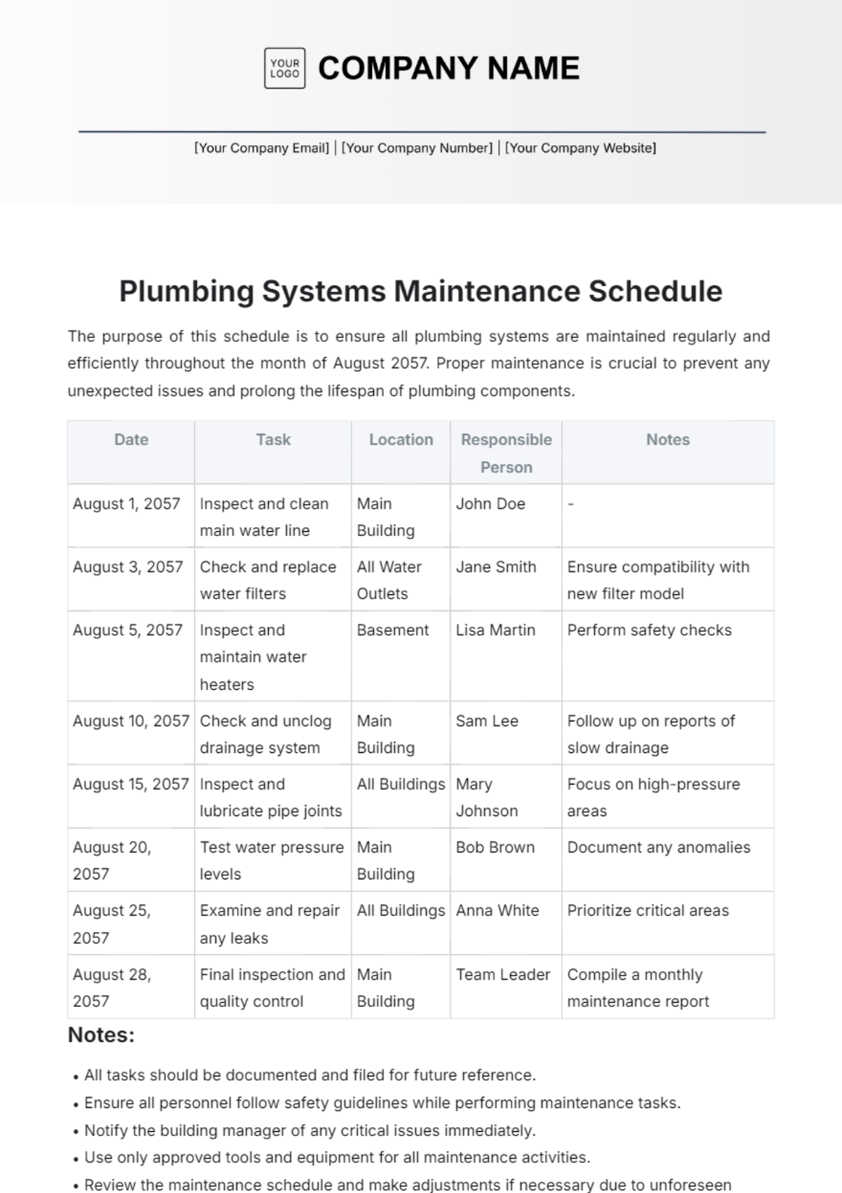 Plumbing Systems Maintenance Schedule Template - Edit Online & Download