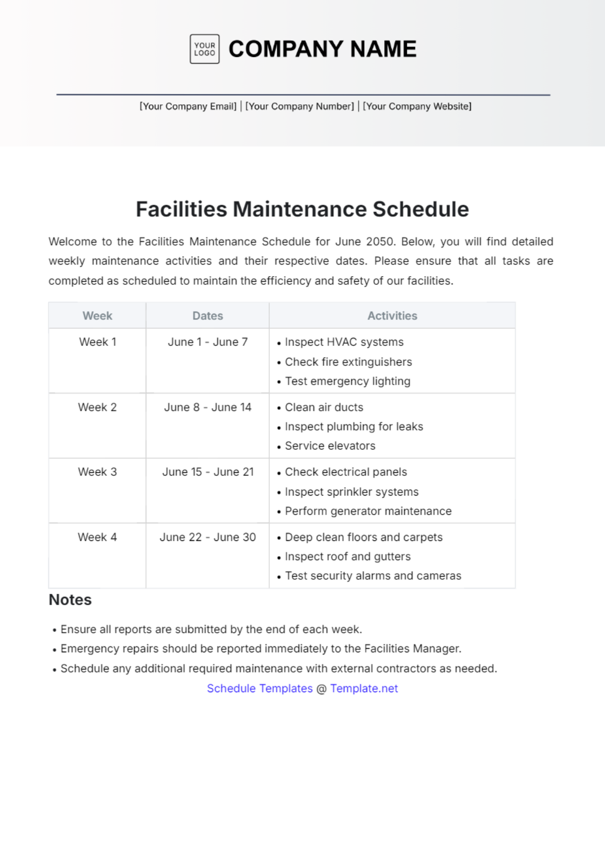 Facilities Maintenance Schedule Template - Edit Online & Download