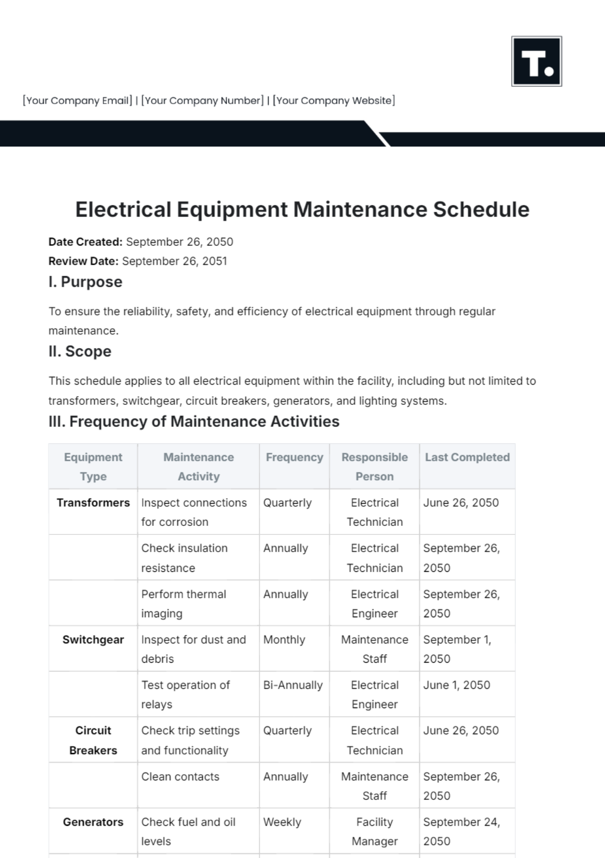 Electrical Equipment Maintenance Schedule Template - Edit Online & Download