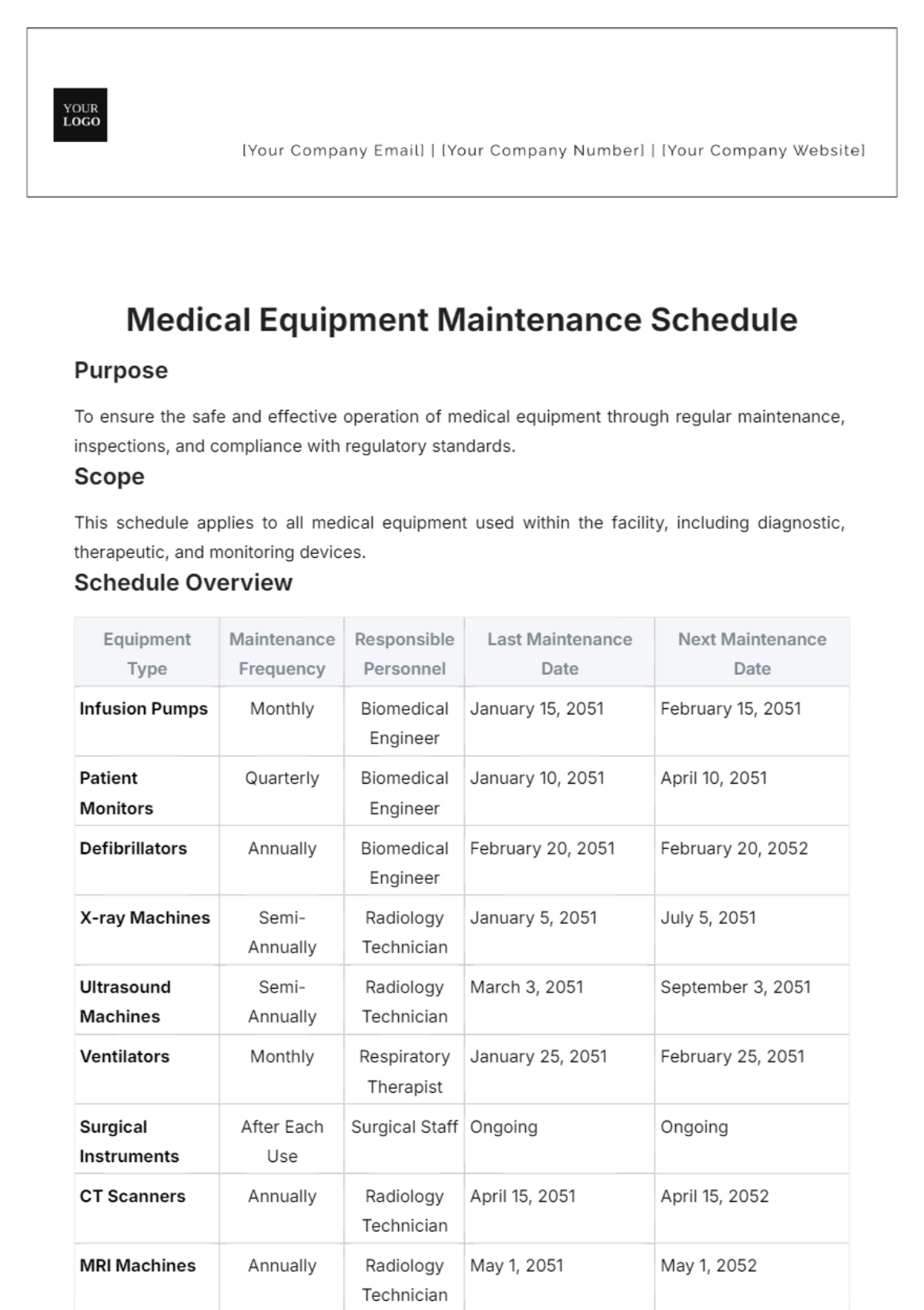 Medical Equipment Maintenance Schedule Template - Edit Online & Download