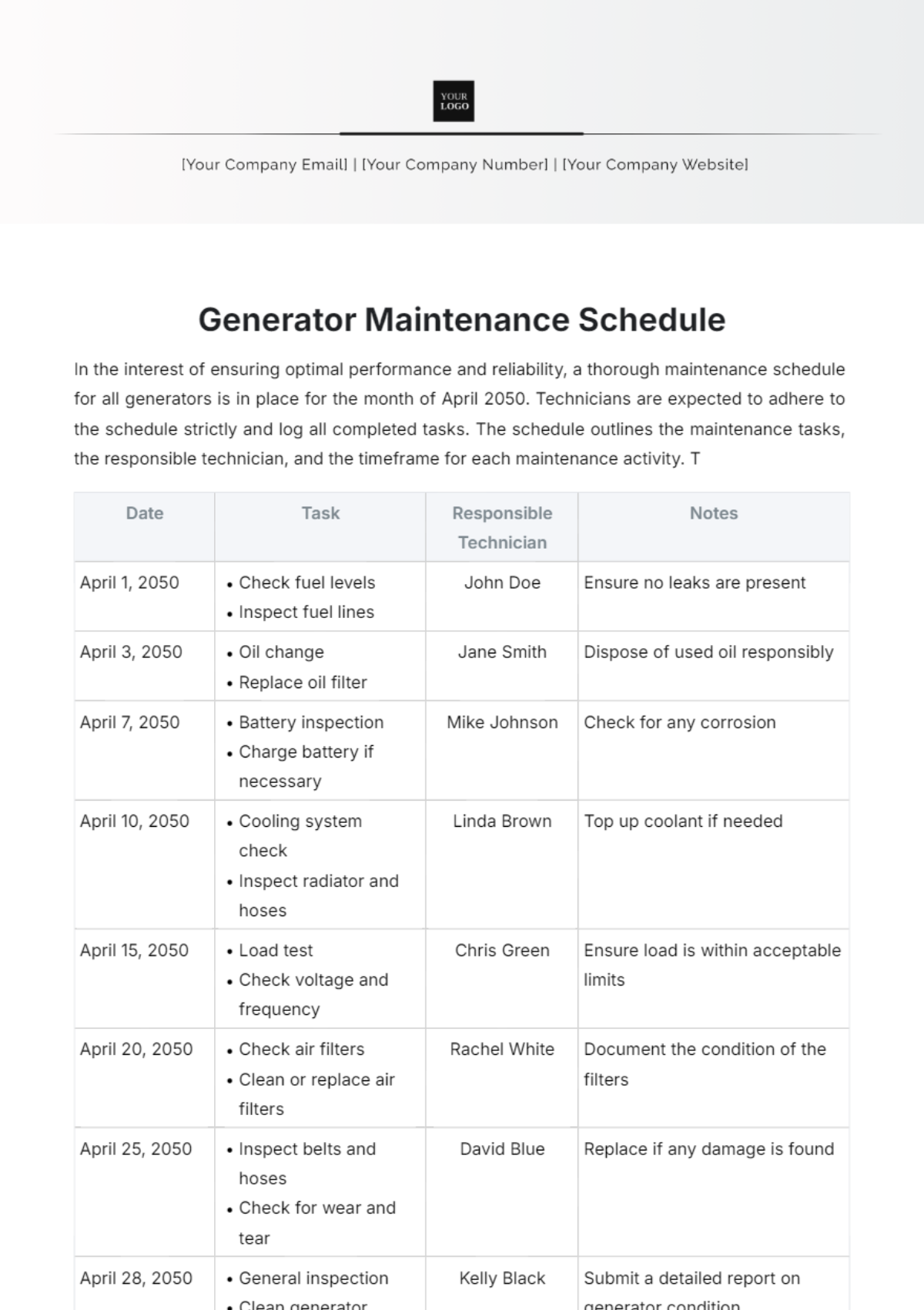 Generator Maintenance Schedule Template - Edit Online & Download