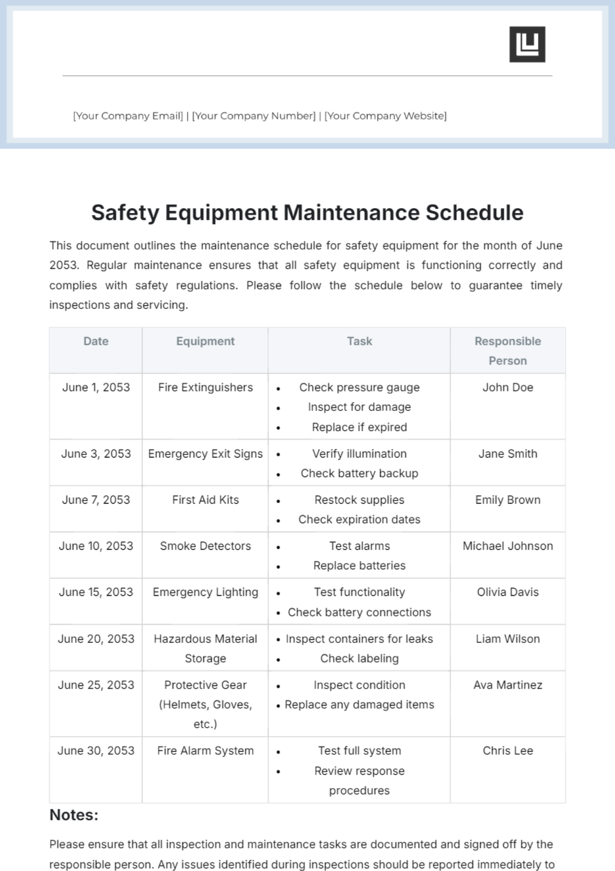 Safety Equipment Maintenance Schedule Template - Edit Online & Download