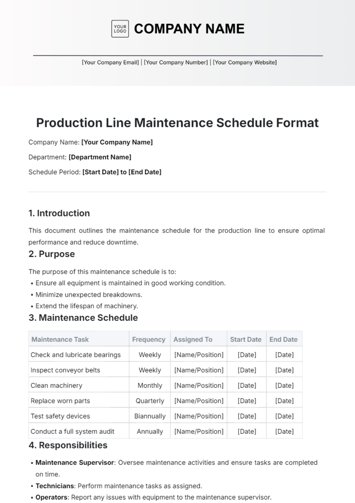 Production Line Maintenance Schedule Format Template - Edit Online & Download