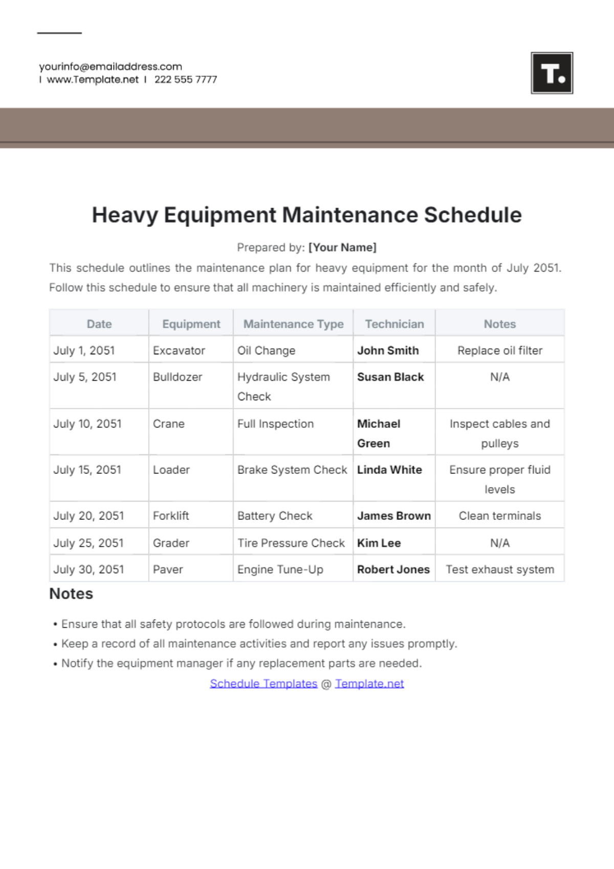 Heavy Equipment Maintenance Schedule Template - Edit Online & Download