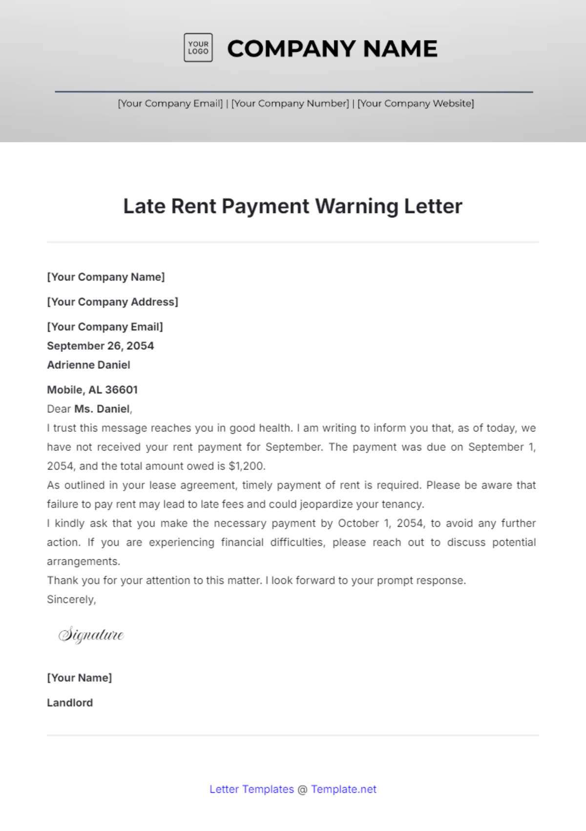 Late Rent Payment Warning Letter Template