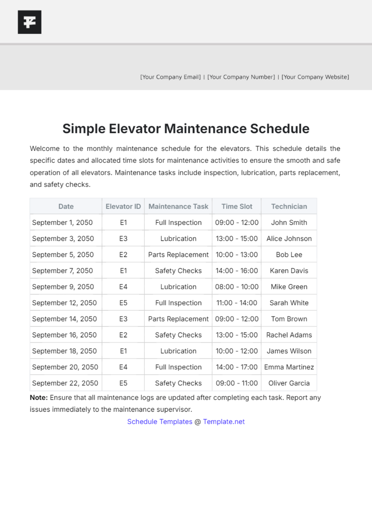 Simple Elevator Maintenance Schedule Template - Edit Online & Download