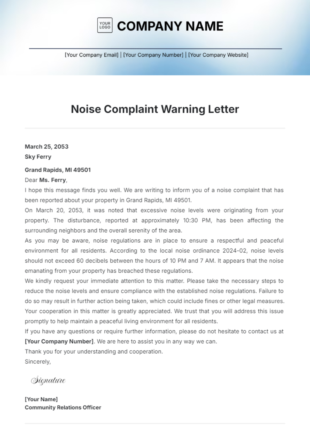 Noise Complaint Warning Letter Template