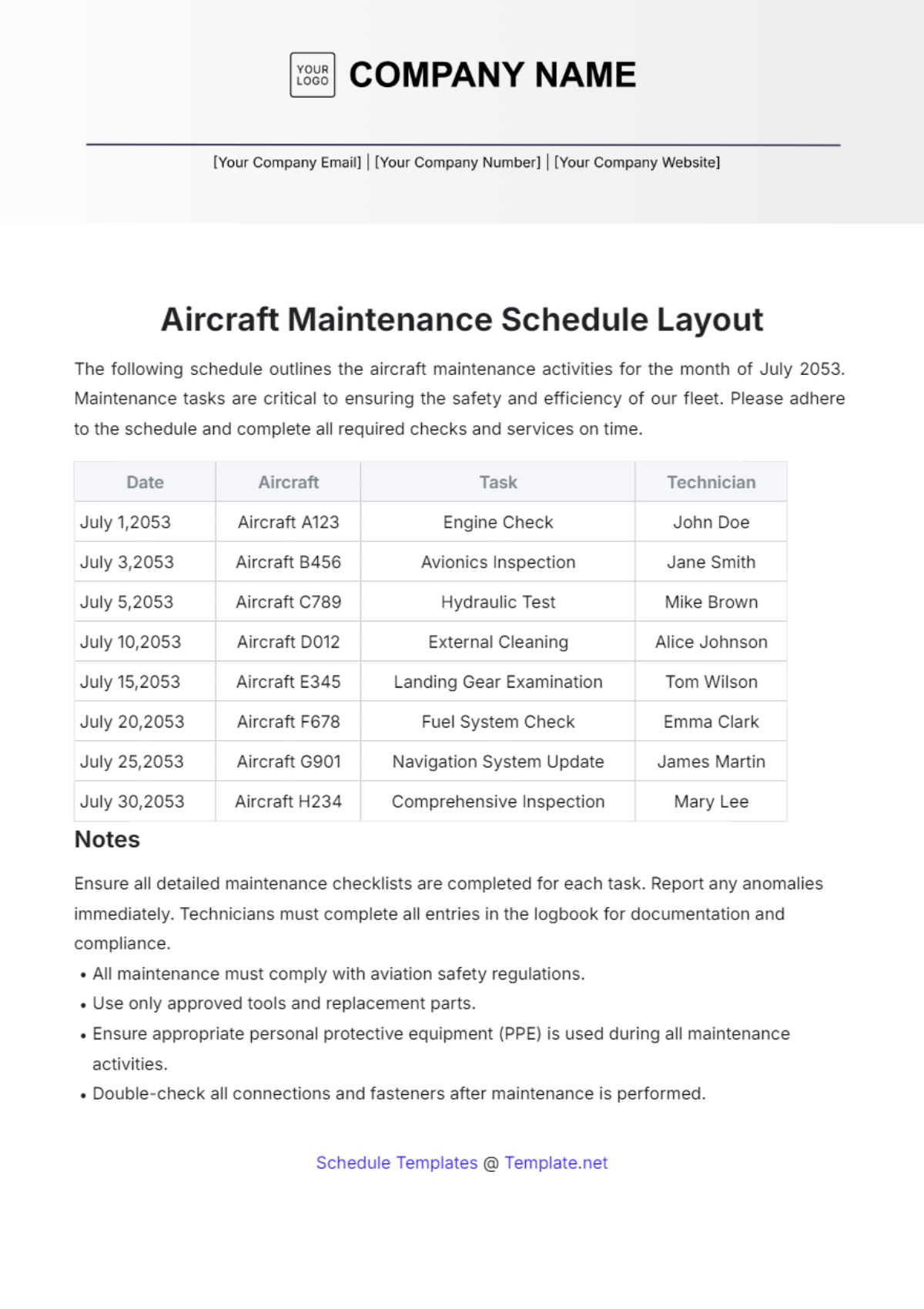 Aircraft Maintenance Schedule Layout Template - Edit Online & Download