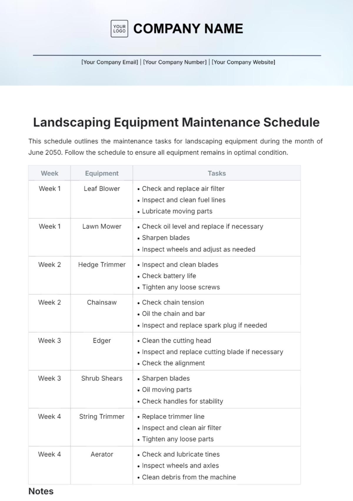 Landscaping Equipment Maintenance Schedule Template - Edit Online & Download