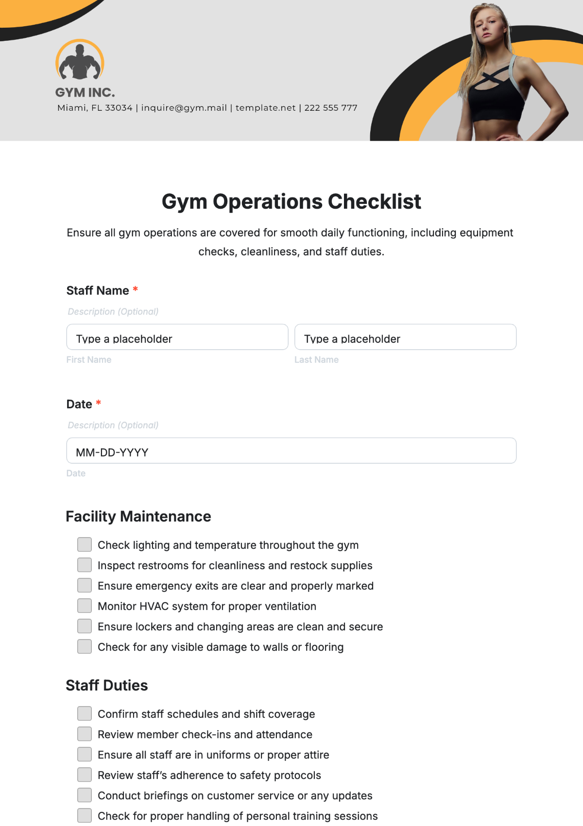 Free Gym Operations Checklist Form Template