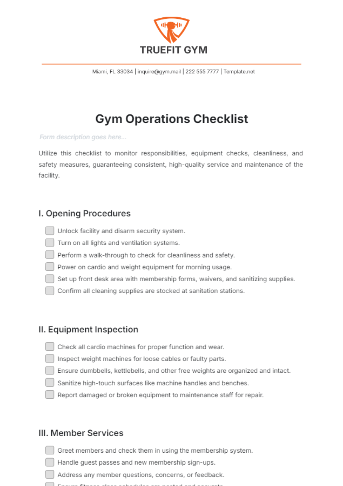 Gym Operations Checklist Template - Edit Online & Download