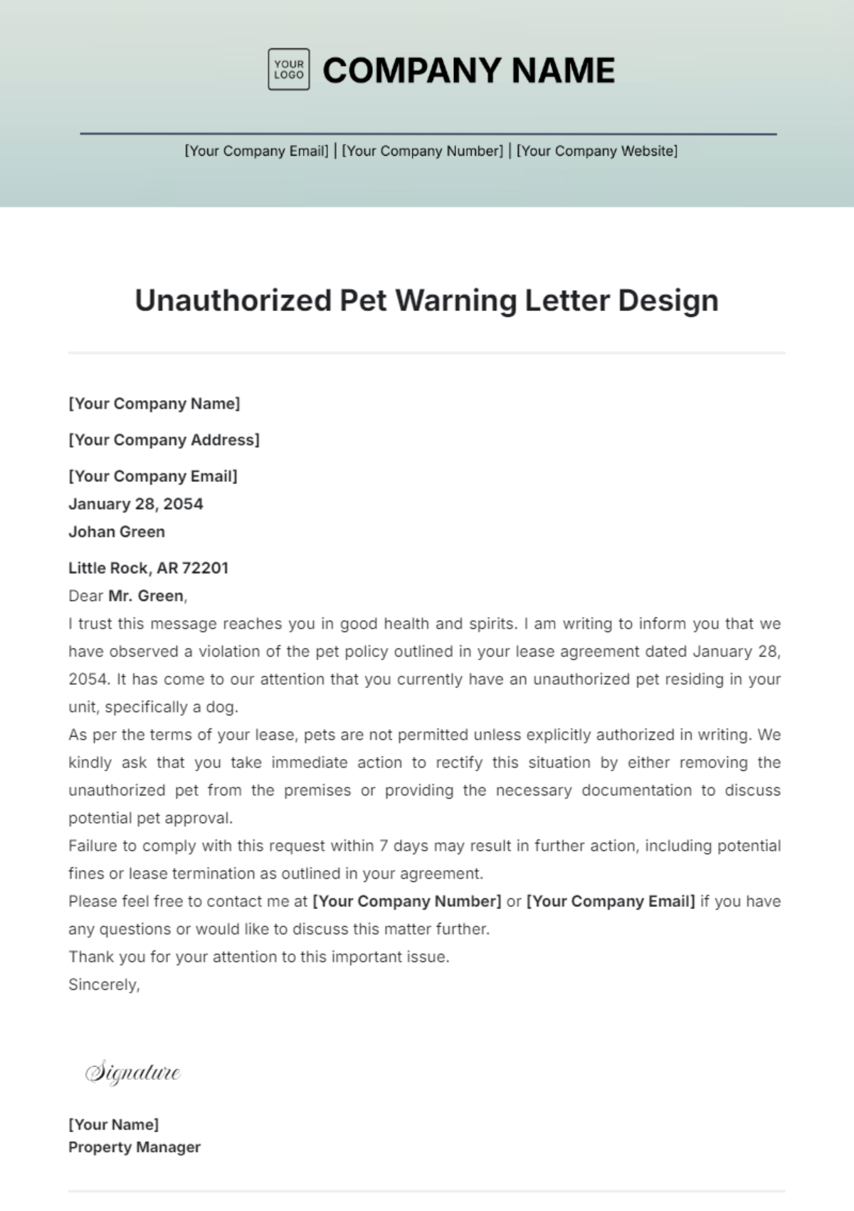 Unauthorized Pet Warning Letter Design Template